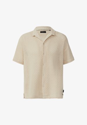 Beigefarbenes kurzärmeliges Hemd mit Knöpfen aus offen gestricktem Stoff mit Rautenmuster. Verfügt über einen klassischen Kragen und ein seitliches Etikett.