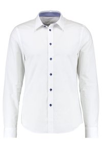 Camisa blanca de manga larga con un collar a cuadros azul y blanco, con botones azules en el frente y un diseño de corte clásico.