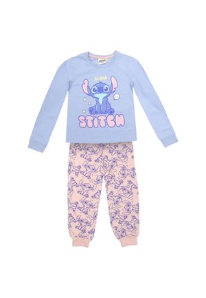 Set di pigiama per bambini con maglia a maniche lunghe blu con il personaggio Stitch e pantaloni rosa con motivo ripetuto di Stitch.
