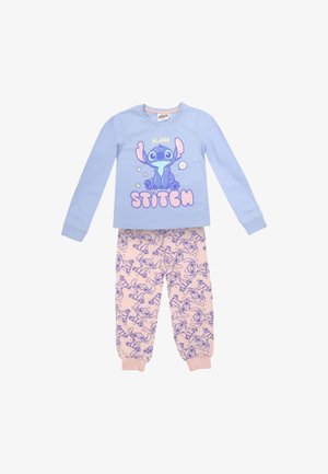 Kinderpyjama set met een langarm blauw shirt met het personage Stitch en roze broek met herhalend Stitch-patroon.