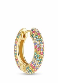 Guldörhängen i form av ringar prydda med flerfärgade ädelstenar, med en texturerad yta och en säker låsning. Stenarna inkluderar rosa, blå och gröna nyanser.