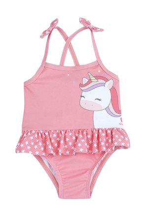 Lyserød badedragt med tynde krydsede stropper, enhjørningegrafik på brystet og en flæset nederdel med stjernemønster forneden. Blødt, elastisk materiale.