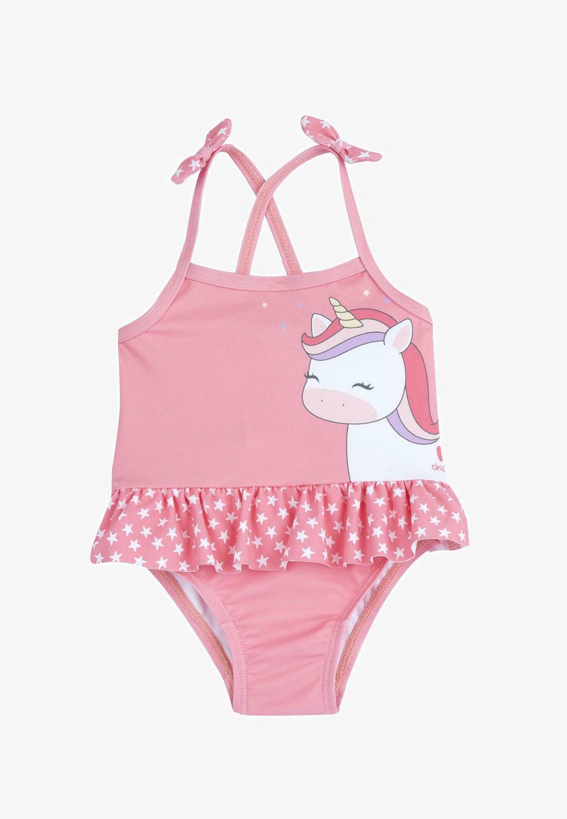 Maillot de bain rose avec fines bretelles croisées, motif licorne sur la poitrine, et jupe volantée à motifs d'étoiles en bas. Matière douce et extensible.