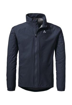 Marineblau leichte Jacke mit Stehkragen, durchgehendem Reißverschluss, elastischen Bündchen und einem Logo auf der linken Brust. Glatte Textur, minimalistisches Design.