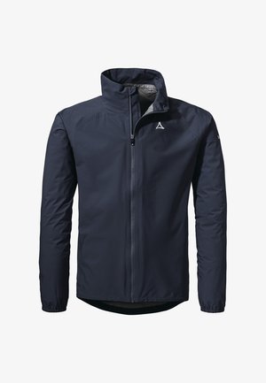 Marineblau leichte Jacke mit Stehkragen, durchgehendem Reißverschluss, elastischen Bündchen und einem Logo auf der linken Brust. Glatte Textur, minimalistisches Design.