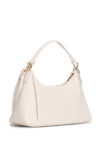 Τσάντα χειρός από λευκό δέρμα με κορυφαία λαβή, φερμουάρ σε χρυσό τόνο και αποσπώμενο ιμάντα ώμου σε λευκό φόντο.