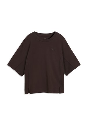 T-shirt de sport noir à manches courtes Puma avec col rond, fentes latérales et petit logo Puma sur la poitrine gauche.
