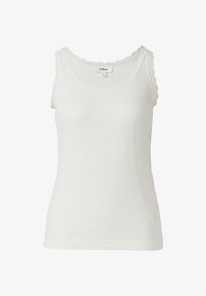 Top senza maniche bianco con costine e pizzo lungo il collo e le aperture delle maniche. Presenta una vestibilità slim, una consistenza morbida e un'etichetta con il marchio.