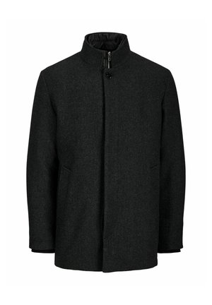 Manteau homme noir en laine mélangée avec col montant, fermeture éclair cachée, fermeture boutons et poches latérales sur fond blanc.