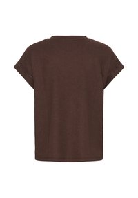Haut en maille marron manches courtes avec une coupe ample et un col rond, montré de dos sur un fond blanc.