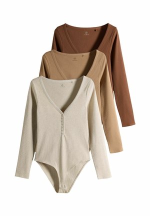 THE SET, RIBBED BUTTON HENLEY BODYSUITS 3 PACK - Body - oat marl brown cinnamon