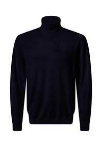 Marineblauer Rollkragenpullover aus einem glatten Strickstoff. Verfügt über lange Ärmel und einen gerippten Kragen. Einfaches, ungeschmücktes Design.