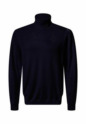 Pull col roulé bleu marine en tissu tricoté lisse. Présente des manches longues et un col côtelé. Design simple et épuré.