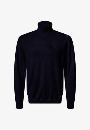 Marineblauer Rollkragenpullover aus einem glatten Strickstoff. Verfügt über lange Ärmel und einen gerippten Kragen. Einfaches, ungeschmücktes Design.