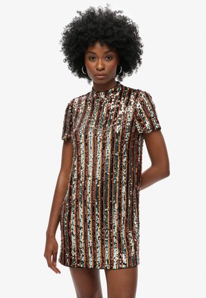 Short-sleeve mini dress featuring vertical stripes of multicolored sequins on a black base, with a high neckline and a fitted silhouette.