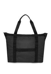 Czarna torba na ramię z podwójnymi uchwytami, pionowymi i poziomymi paskami z przodu oraz zamkiem błyskawicznym na górnej krawędzi.