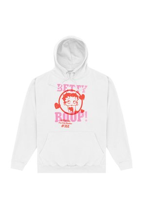 Weiße Kapuzenjacke mit einem grafischen Design von Betty Boop in pinken Akzenten, inklusive dem Text "BETTY BOOP! Offizielles Fanclub-Mitglied #352" darunter.