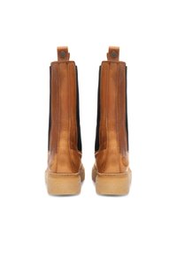 Brown leather ankle boots with black elastic sides and tan rubber soles; features stitching details and snap accents at the top.