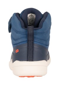 Blue high-top sneaker featuring a textured fabric upper, padded collar, reinforced heel, and orange "PROOF" accent. White rubber sole.
