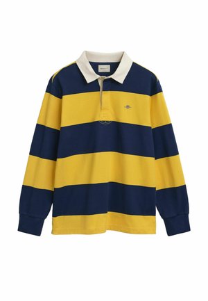Långärmad polo i marinblått och gula ränder, med en vit krage och en liten logotyp på bröstet. Tillverkad av bomullstyg.