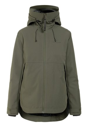 Chaqueta impermeable de color verde oliva con capucha, cremallera frontal, cordones ajustables, bolsillos laterales y correas de velcro en las muñecas.