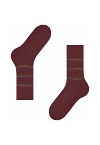 Burgunderfarbene Socken mit gerippter Textur, die oben drei horizontale Streifen in Grau und Senfgelb aufweisen. Bequeme Passform.