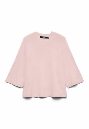 Heleroosa kerge džempr pehmest kangast, millel on ümar kaelus ja kolmveerandvarrukad kellukese kujuga, vaba ja ruudukujuline lõige.