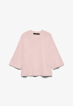 Heleroosa kerge džempr pehmest kangast, millel on ümar kaelus ja kolmveerandvarrukad kellukese kujuga, vaba ja ruudukujuline lõige.