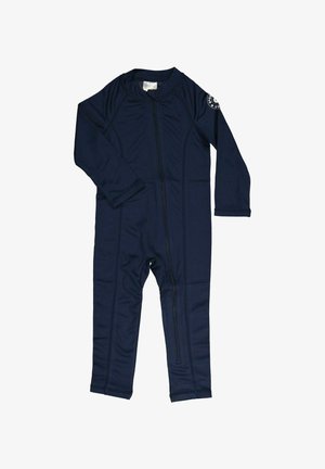 Navy blue long-sleeve wetsuit made of stretchy fabric with a front zipper and reinforced stitching, featuring a circular logo on the shoulder.