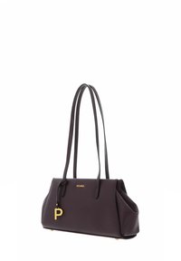 Sac à main violet foncé en matériau texturé avec ferrures dorées, doté de deux poignées et d'un accent logo. Forme rectangulaire structurée.