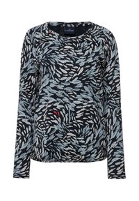 Langsleeve top gemaakt van zachte stof. Marineblauwe achtergrond met draaiende lichtblauwe bladvormen en een klein rood accentdetail. Klassiek ronde hals.