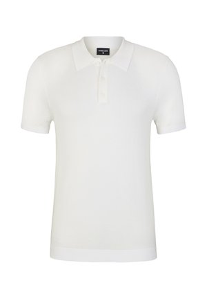 Polo shirt bianco realizzato in tessuto liscio, con colletto classico, patta con tre bottoni e maniche corte con polsini a costine.