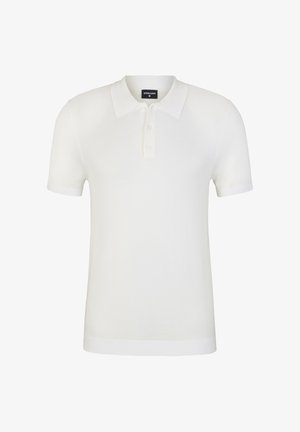 White polo shirt made of smooth fabric, featuring a classic collar, three-button placket, and short sleeves with ribbed cuffs.