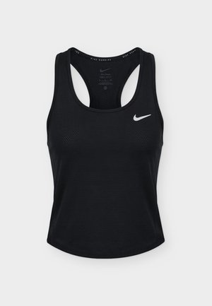 Débardeur de course noir Nike Dri-FIT sans manches avec dos nageur et logo Nike swoosh blanc sur le côté gauche de la poitrine.