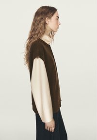 Brown knitted vest over a cream blouse, featuring wide sleeves and a button front. The model stands in profile against a neutral background.