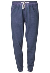 Mørkeblå joggebukser laget av mykt stoff, med elastisk midje og snøring, smale ben og sidelommer.