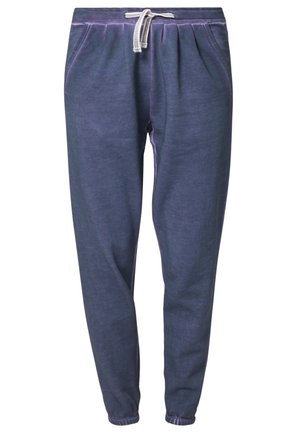 Mørkeblå joggebukser laget av mykt stoff, med elastisk midje og snøring, smale ben og sidelommer.