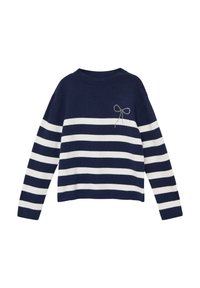 Golf blu e bianco a righe con maniche lunghe, scollo rotondo, caratterizzato da un elegante fiocco decorativo realizzato con piccoli diamanti.