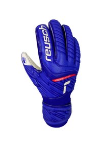 Gants de gardien de but en bleu vif avec une texture antidérapante, supports renforcés pour les doigts et une marque blanche. Comprend un poignet rembourré pour un ajustement sécuritaire.