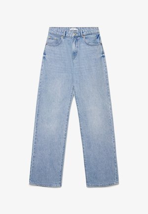 Hellblaue, hoch taillierte, gerade geschnittene Jeans aus Denim mit Knopfverschluss, Vorder- und Gesäßtaschen sowie dezenten verwaschenen Details.