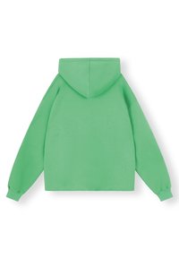 Sudadera verde con un corte relajado, mangas largas y una gran capucha. Hecha de una tela suave con una textura lisa y sin logotipos ni patrones visibles.