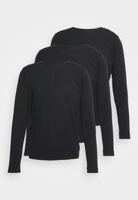 Drei schwarze Langarm-T-Shirts übereinander gestapelt, aus weichem Stoff, mit rundem Halsausschnitt und geradem Schnitt, ohne sichtbare Muster oder Akzente.