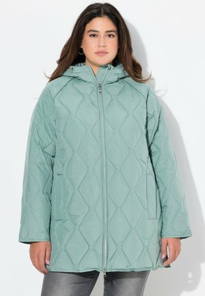 Light green quilted puffer jacket with a zip front, hood, and side pockets. The fabric has a smooth texture with diamond-shaped patterns.
