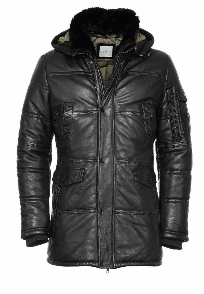 Schwarze Lederjacke mit einer warmen, gefütterten Kapuze aus Kunstfell, mehreren Taschen, einem Reißverschluss vorne und gerippten Bündchen für eine taillierte Passform.