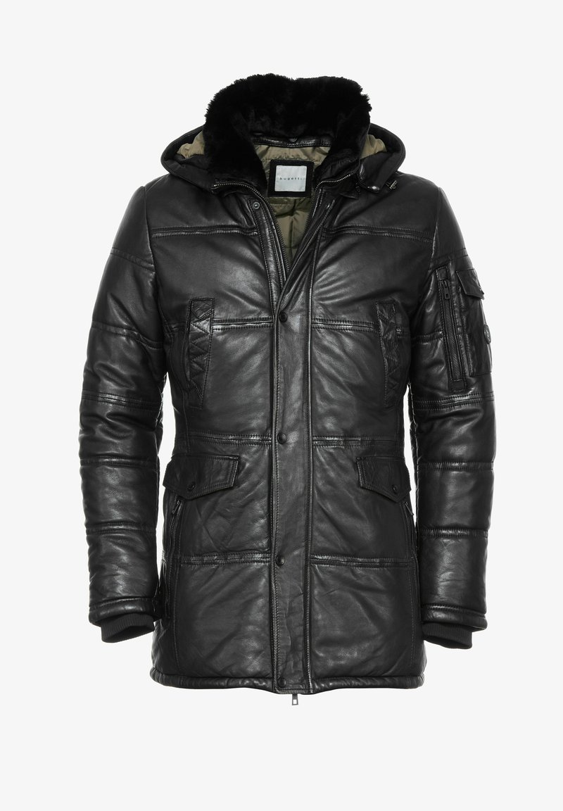 Schwarze Lederjacke mit einer warmen, gefütterten Kapuze aus Kunstfell, mehreren Taschen, einem Reißverschluss vorne und gerippten Bündchen für eine taillierte Passform.