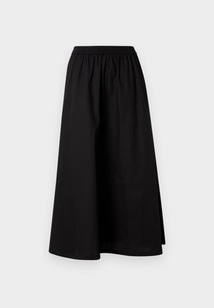 Μαύρη φούστα μέχρι το γόνατο, κατασκευασμένη από ελαφρύ υλικό, με ελαστική μέση και χαλαρή γραμμή A. Δεν διαθέτει ορατά σχέδια.