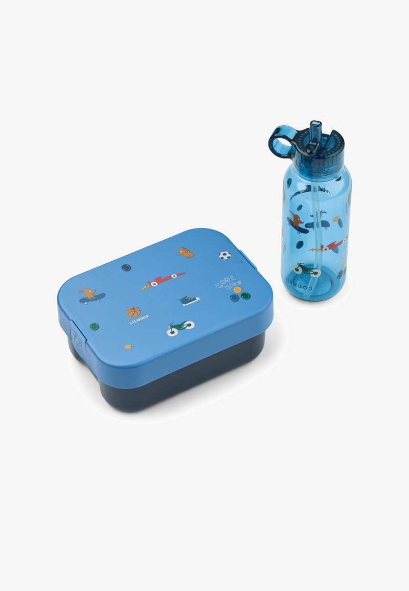 Lunch box rettangolare blu con illustrazioni giocose; presenta una parte inferiore blu scuro e una bottiglia d'acqua trasparente blu con design simili.