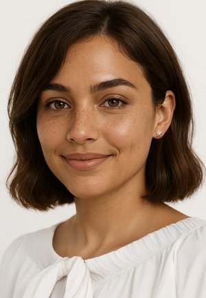 Die kurzärmelige weiße Bluse hat eine Schleife am Hals. Die Person hat dunkles, schulterlanges Haar und trägt einen silbernen, sternförmigen Ohrring.