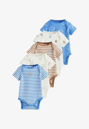 Five short-sleeve baby bodysuits with snaps, featuring blue and brown stripes, and teddy bear prints in blue, brown, and cream colors.