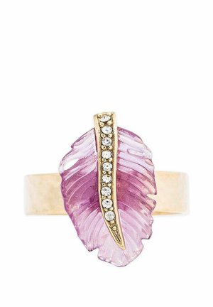 Gold ring with a pink leaf-shaped gemstone, detailed with a gold line set with small clear crystals down the center.